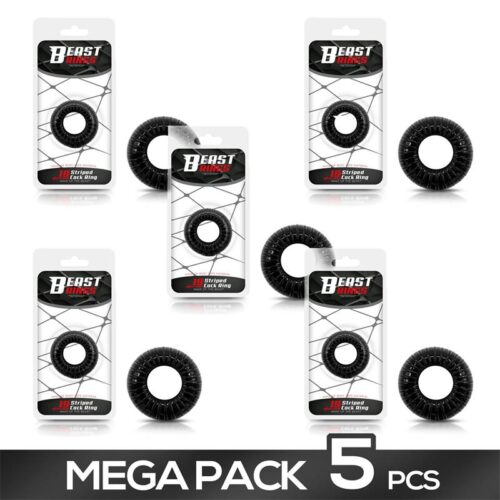 Pack of 5 Cock Ring Super Flexible and Resistant Striped 1.9 cm Black